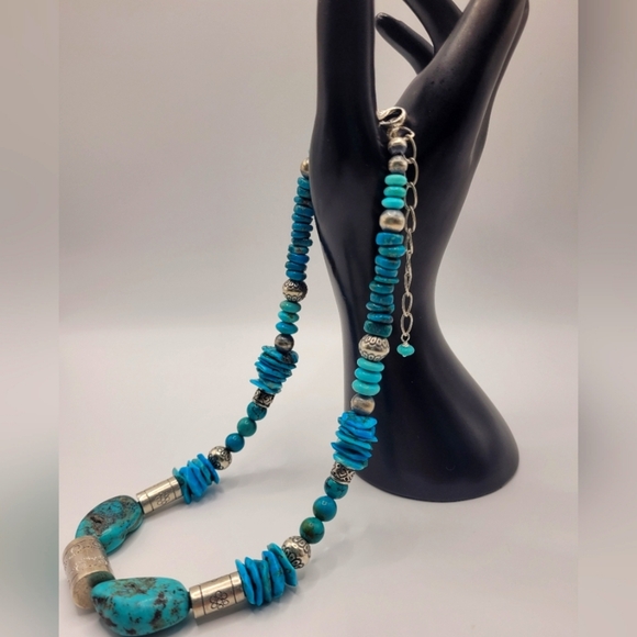 FB Jewelry - Genuine Turquoise and Silver Beaded Necklace Adjustable Length. OS